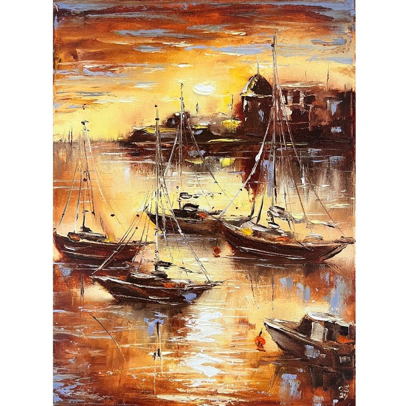 Sailboats Painting Landscape Art Original Painting 40x30 cm/ 16x12 inch - โปสเตอร์ - ผ้าฝ้าย/ผ้าลินิน หลากหลายสี