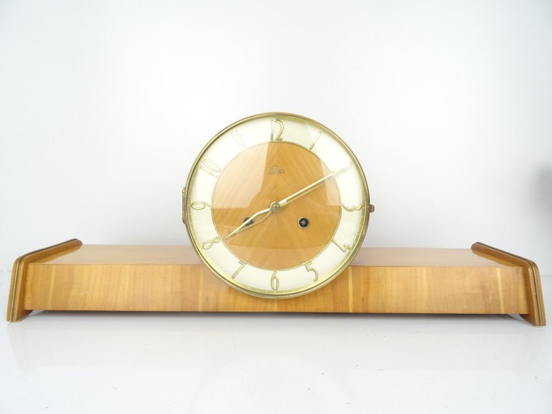 Vintage German Emes Mantle Table Clock – Antique Mid-Century Minimalist - 時鐘/鬧鐘 - 木頭 咖啡色