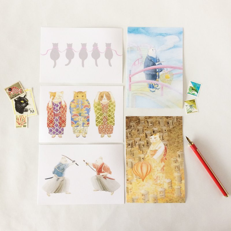 Set of 5 cat postcards Ribbon Kimono Sword Hashi Hozuki Lantern Cat Japanese Japanese - การ์ด/โปสการ์ด - กระดาษ ขาว