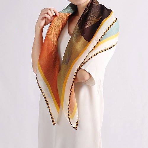 BANNIES 線性幾何-橘 | 頂級羊毛圍巾