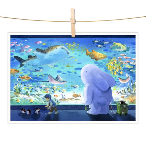 afu插畫日誌 afu水彩插畫明信片 - 蔚藍水族館
