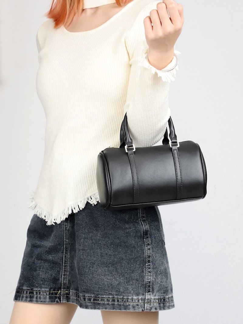 Genuine Leather Women's Boston Bag Small Shoulder Bag Tote Handbag - Handbags & Totes - Genuine Leather Black