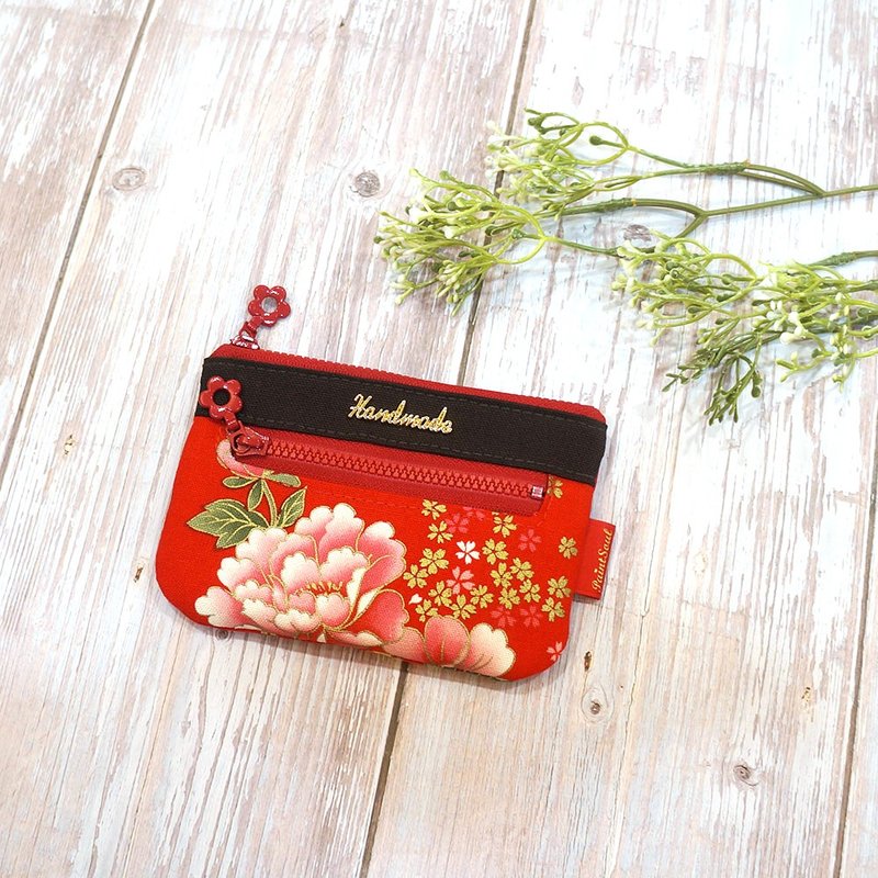 雙層收納零錢包(5吋)_古典燙金牡丹花_花色B - 零錢包/小錢包 - 棉．麻 紅色