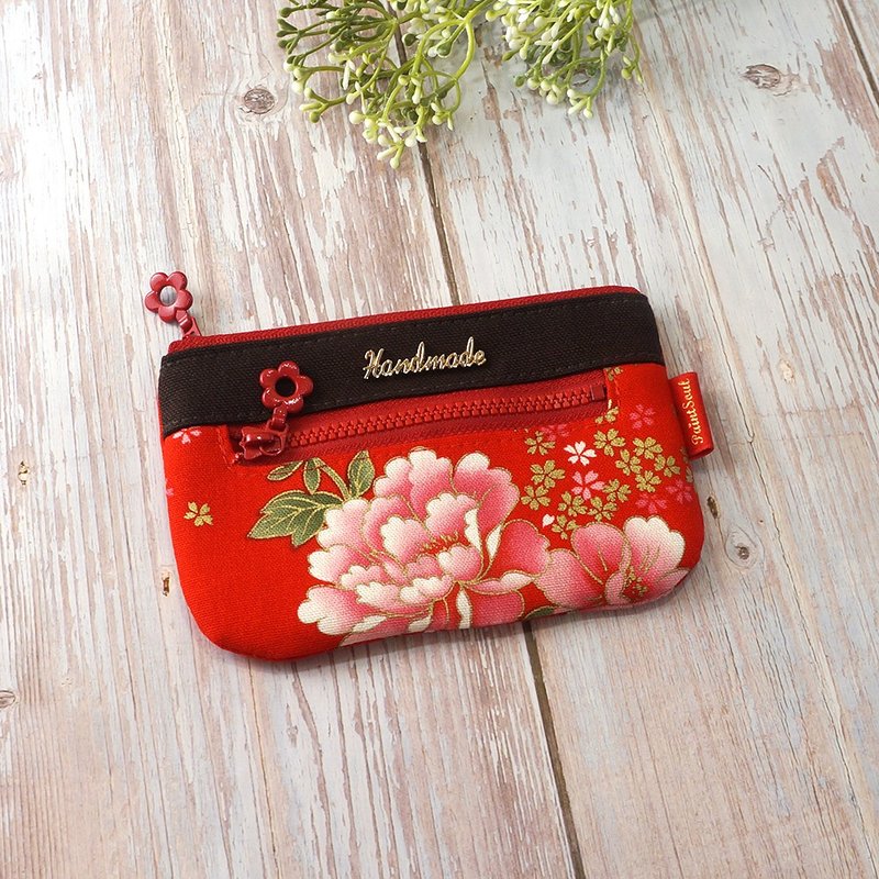 二層収納ミニポーチ（S）_古典箔押し牡丹柄_柄B - コインケース・小銭入れ - コットン・麻 レッド