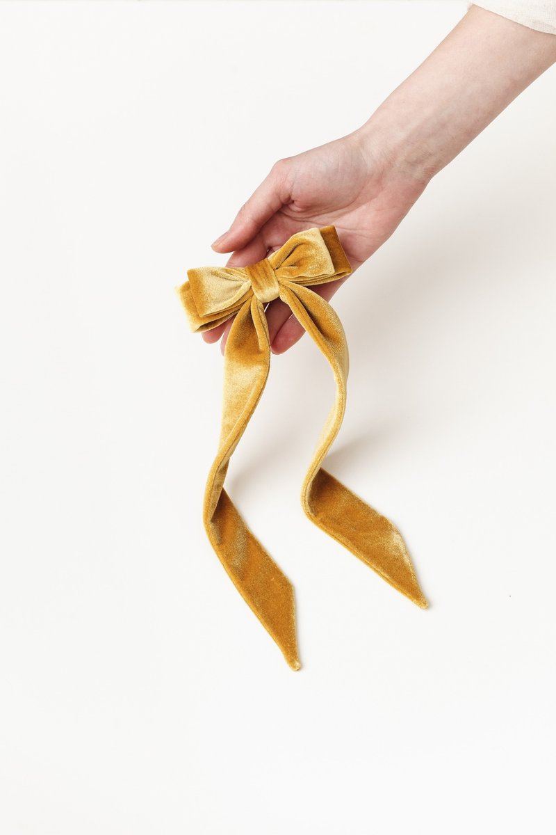 Velvet Bows for Hair Barrette Clip, Single Gold Mustard Hair Ribbon for Girls - เครื่องประดับผม - วัสดุอื่นๆ สีเหลือง