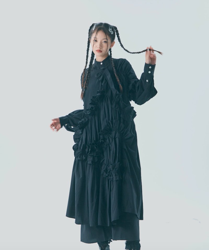 Xia Ke Xing ruffled pleated shirt long dress - One Piece Dresses - Other Materials Black