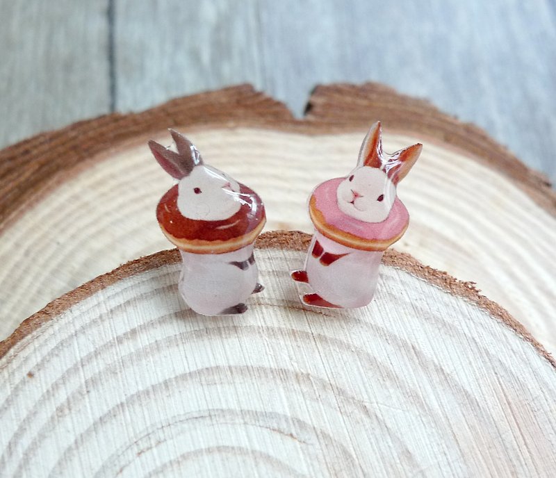 Misssheep-U66-Donut rabbit watercolor hand-painted style rabbit asymmetrical hand-made earrings (ear / ear clip) (pair) - ต่างหู - พลาสติก 