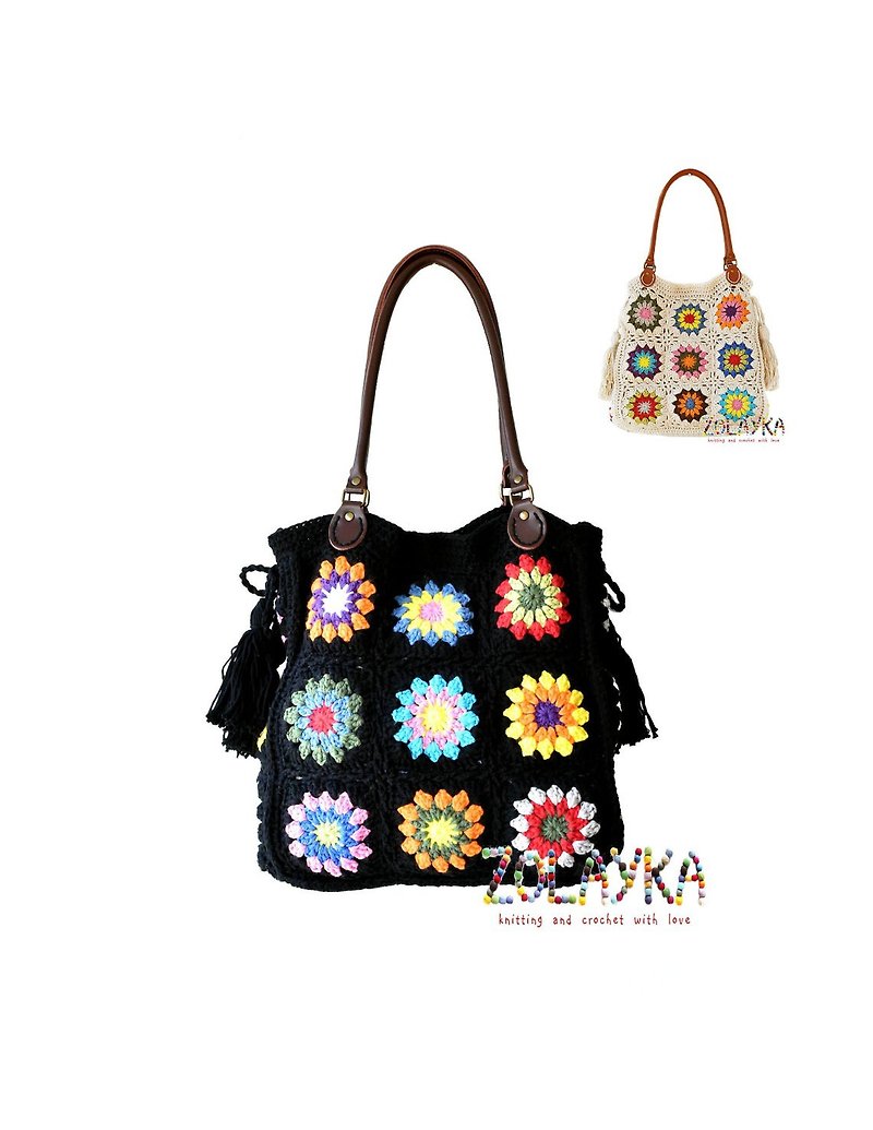 Black large purse boho shoulder bag cotton hippie bag with colorful squares knit - 手提包/手提袋 - 棉．麻 黑色