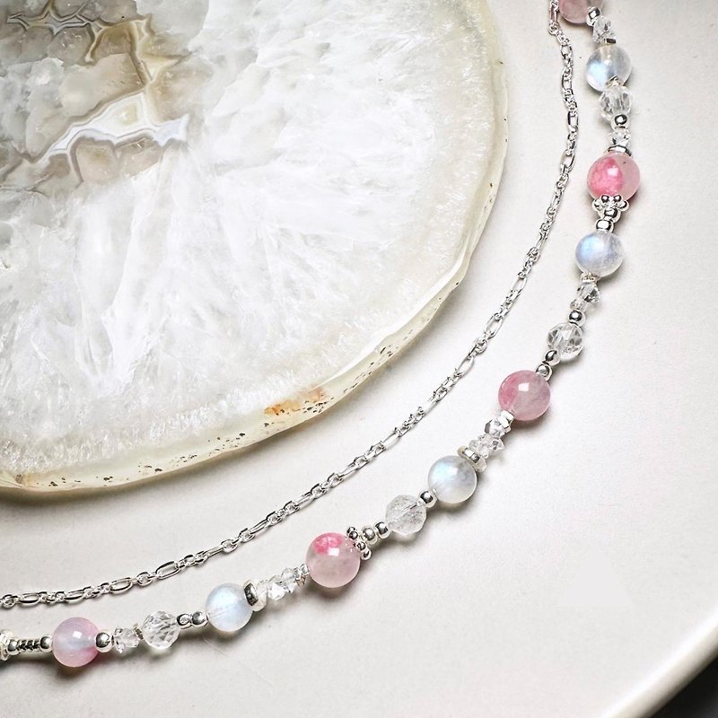 Falling Sakura Light and Shadow-Rose Stone Crystal.Moonstone Sterling Silver Design Bracelet - Bracelets - Silver Pink