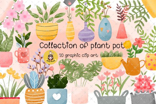 jiffystudio Collection of potted plants. Succulents and house plants. Hand drawn art.