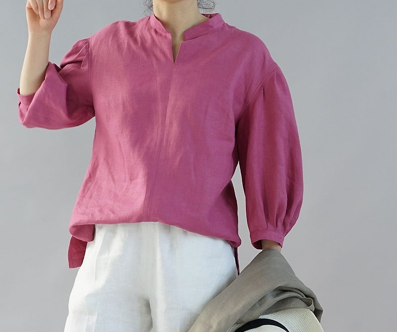 wafu linen tunic / blouse / long sleeve / puff sleeve / rose t029b-irs2 - เสื้อเชิ้ตผู้หญิง - ผ้าฝ้าย/ผ้าลินิน สึชมพู