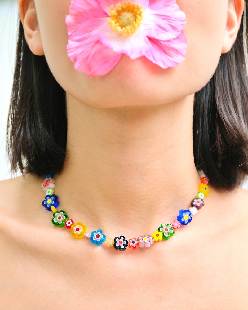 Necklace Posy • Millefiori Flower Beads •  Beaded Jewelry • Flower Chain - Necklaces - Stainless Steel 
