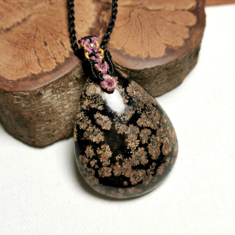 Blackbear專屬-櫻花/雪花黑曜石-蠟線編織墜/改純銀項鍊 - 項鍊 - 半寶石 粉紅色