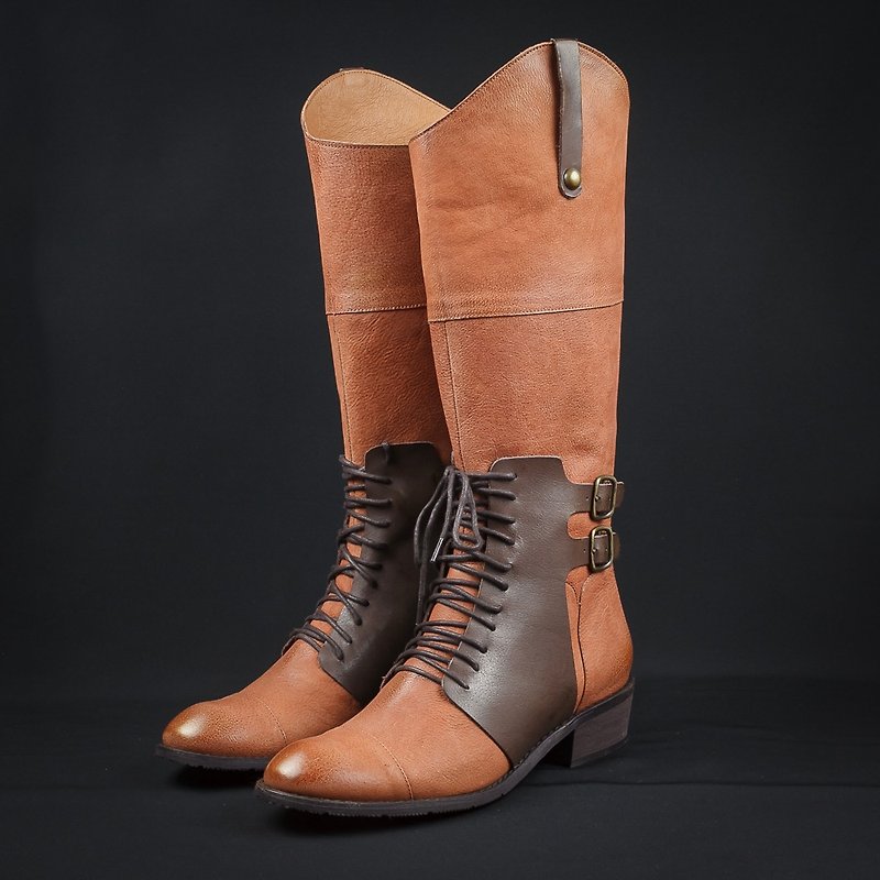 Slim legs impression two-tone knight leather boots- Brown - รองเท้าบูทยาวผู้หญิง - หนังแท้ สีนำ้ตาล