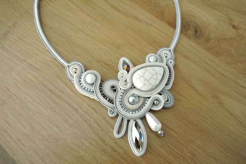 White necklace with stone, Soutache Embroidered beaded Floral statement necklace - Necklaces - Stone White