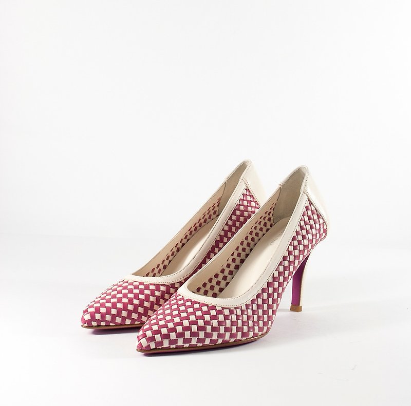Women's Two-tone Woven Leather Pump - High Heels - Genuine Leather Red