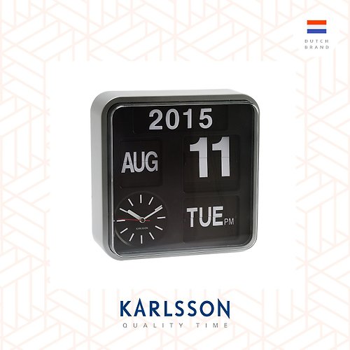 Ur Lifestyle 荷蘭Karlsson 24.5cm(小) 銀黑色自動翻頁鐘-可掛牆 或 放枱使用.