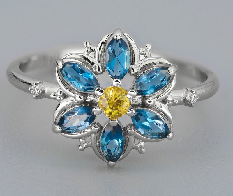 Forget me not flower ring with natural topaz and sapphire - 戒指 - 貴金屬 金色