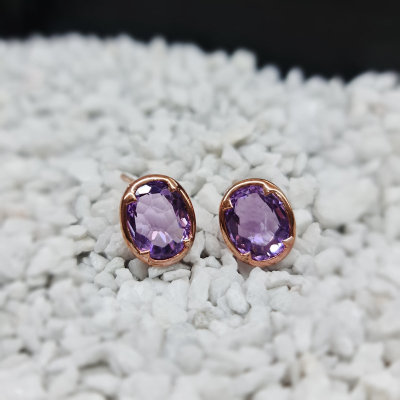 Amethyst silver stud earring with pink gold plated - 耳環/耳夾 - 銀 粉紅色
