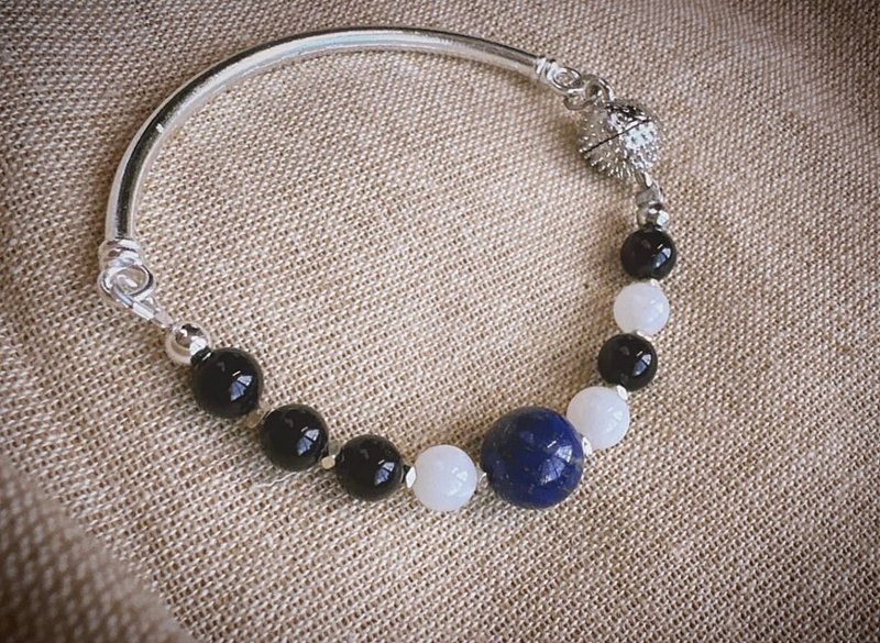 C&W Natural Black Agate White Moonlight Sapphire S925 Silver Magnetic Half Bracelet Bracelet - Bracelets - Jade Silver