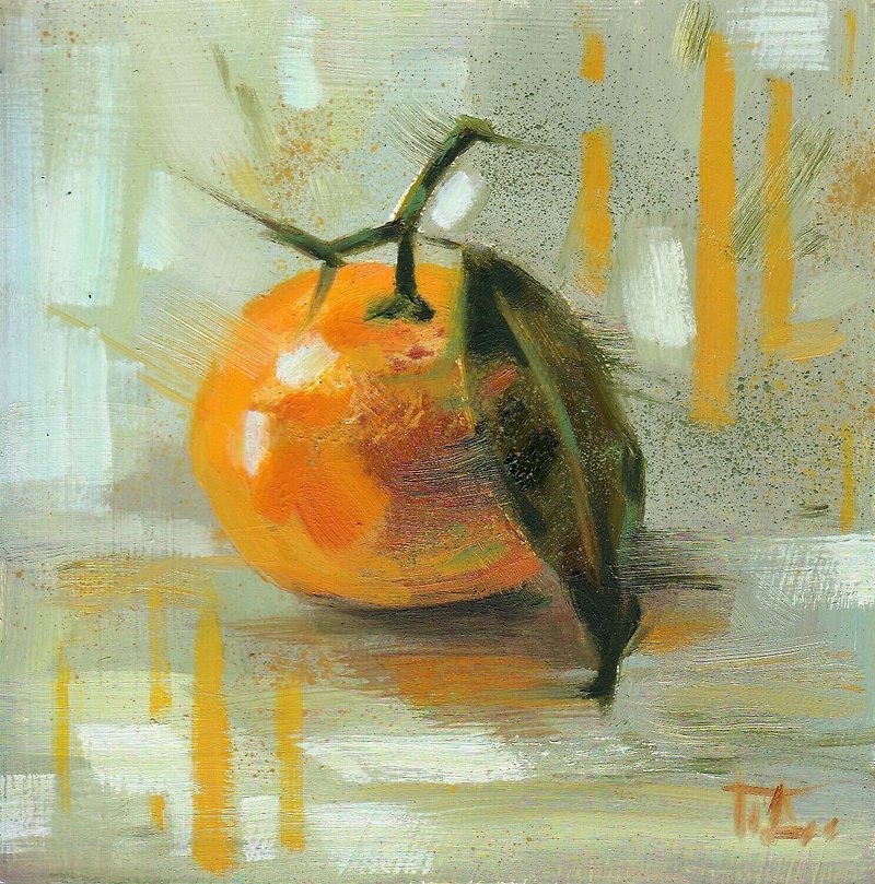 Original oil painting minimalistic still life with citrus, tangerine with leaves - ตกแต่งผนัง - วัสดุอื่นๆ หลากหลายสี