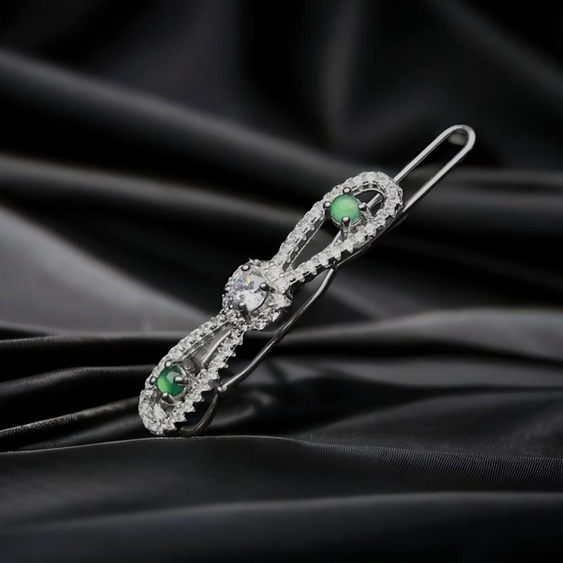 Ice green jade cabochon design hairpin 925 sterling silver | Natural Burmese jadeite A grade | Gift - เครื่องประดับผม - หยก สีเขียว