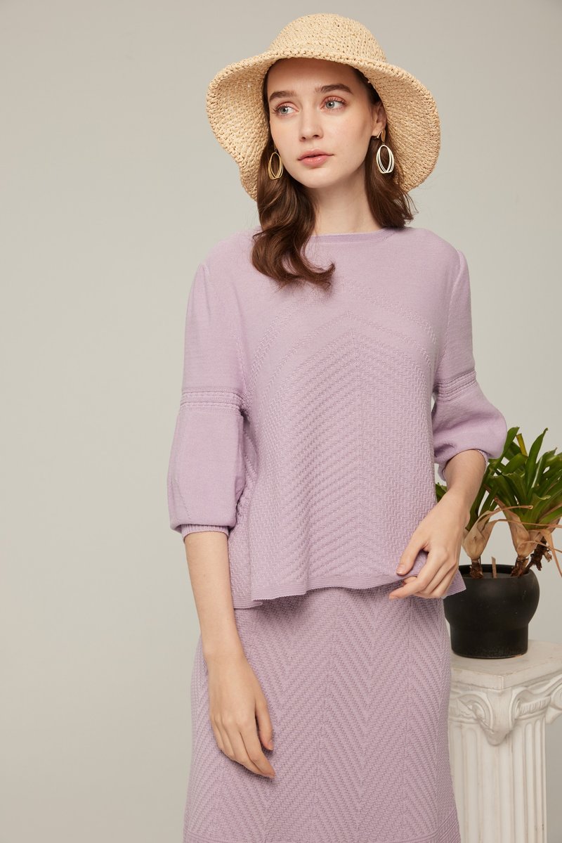 立體蓬袖斜紋上衣_紫 (22S2TP01) - 女毛衣/針織衫 - 棉．麻 