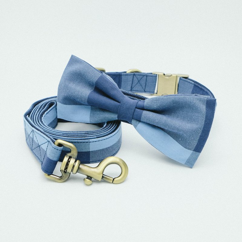 Bowtie Collar with Leash - Plaid Collection Blue/Navy - ปลอกคอ - วัสดุอื่นๆ สีน้ำเงิน