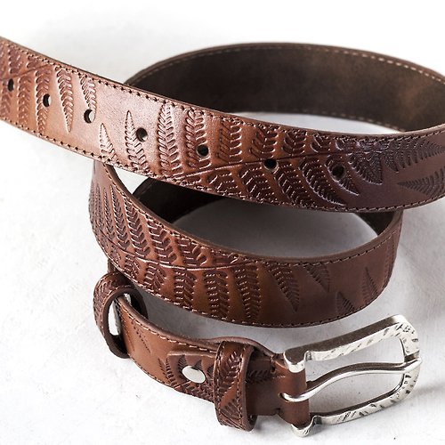 Two Starlings Orange Brown Leather Belt with Fern Pattern width 3.4 cm