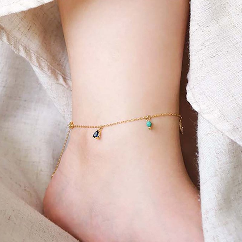 Positive Energy x Turquoise Pearl Stone Blue Bronze K Gold [Roaming in the Wind] Anklet - Anklets & Ankle Bracelets - Gemstone 
