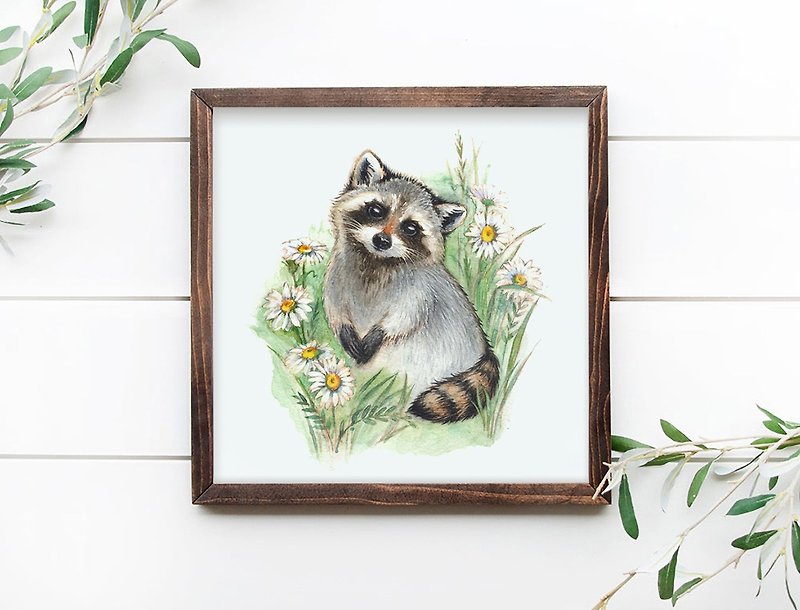 Raccoon watercolor print - โปสเตอร์ - กระดาษ สีเขียว