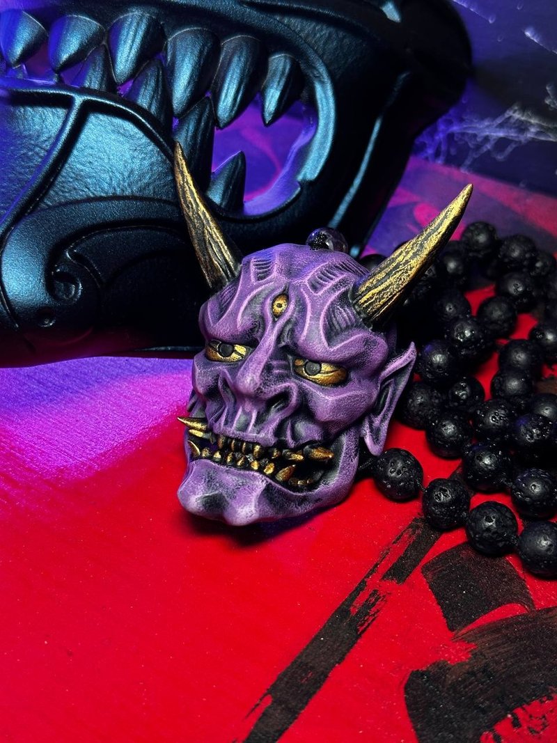 Oni mask Necklace, Small Japanese Oni mask with beads - Necklaces - Resin Purple