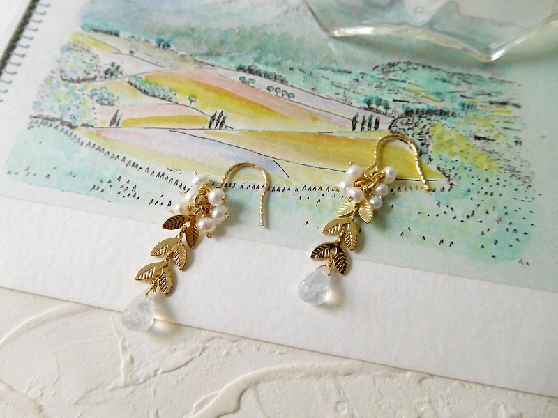 Pack of 14K gold texture pearl leaf moonstone earrings can be changed to the reservation - ต่างหู - วัสดุอื่นๆ สีทอง