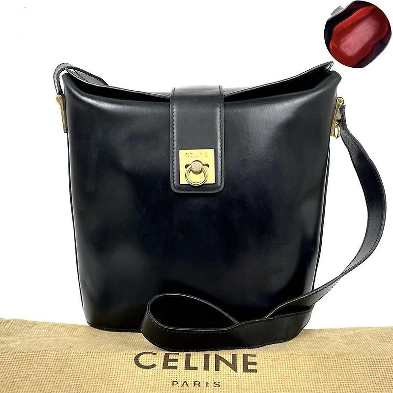 [LA LUNE] Rare second-hand CELINE black gold ring French fries small bag single shoulder side crossbody handbag - กระเป๋าแมสเซนเจอร์ - หนังแท้ สีดำ