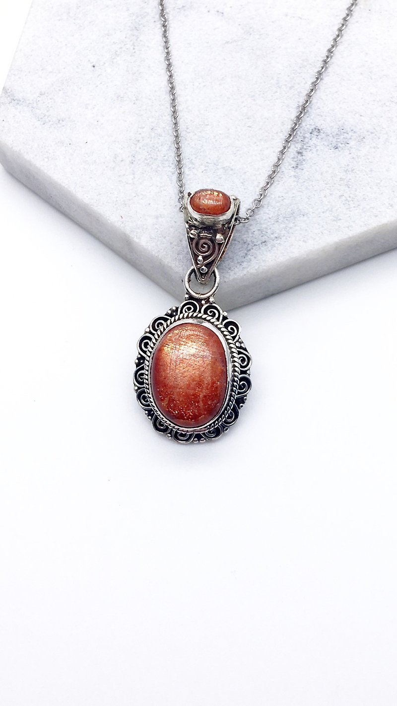 太陽石日光石925純銀雙寶石設計項鍊 尼泊爾手工鑲嵌製作 - 項鍊 - 寶石 橘色