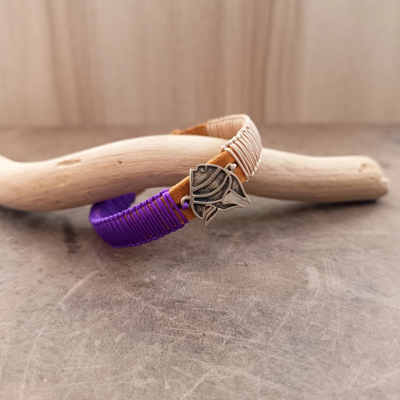Koi Fish Bracelet, Prosperity Charm, Brown Leather Gold Purple, Handmade Gift - 手鍊/手環 - 真皮 紫色