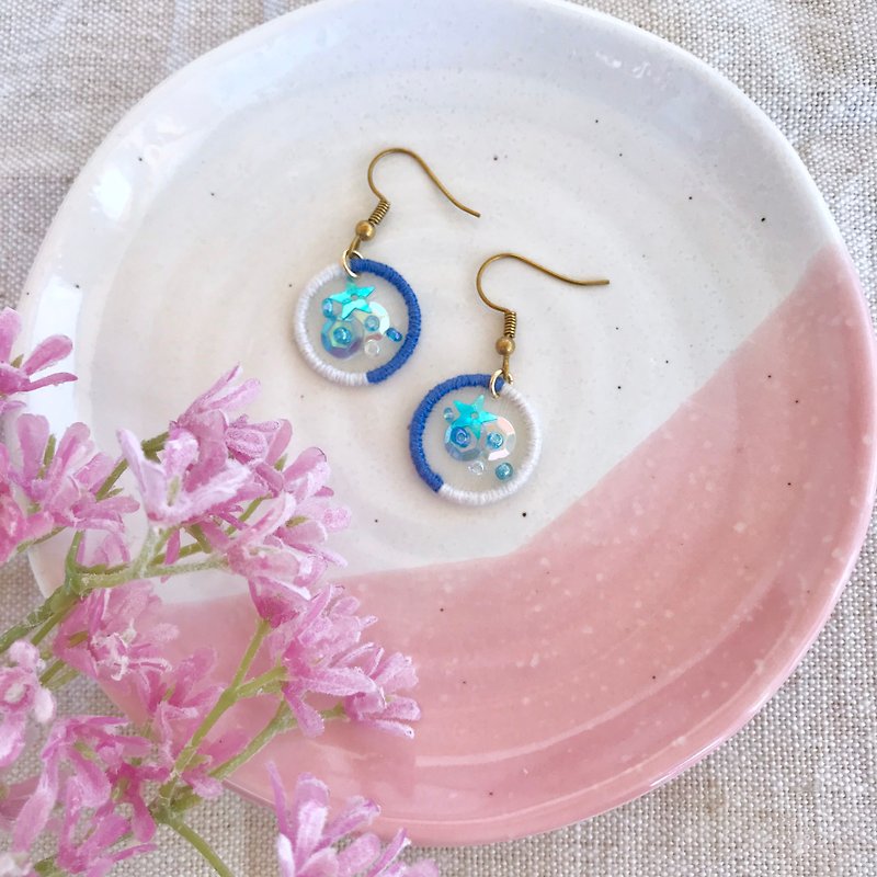 Handmade Embroidery // Wishing Star River Hook Earrings - Blue and White / / Clipable - Earrings & Clip-ons - Thread Blue