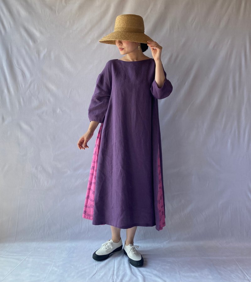 linen combination dress　ashpurple/ripples - 洋裝/連身裙 - 棉．麻 紫色