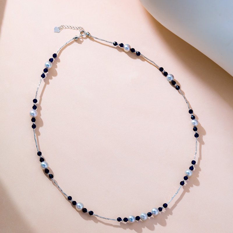 Akoya Silver Blue Sapphire 18K Gold Signature Necklace - Necklaces - Pearl Silver