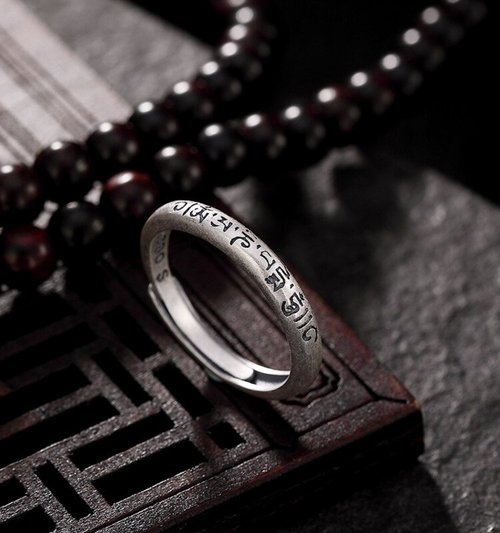 両面刻まれた1ピース仏教愛好家リング990フルシルバー6ワードマントラ