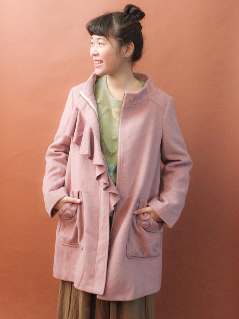復古秋冬甜美可愛特殊剪裁立領藕粉色羊毛尼薄古著大衣外套 - 外套/大衣 - 羊毛 粉紅色