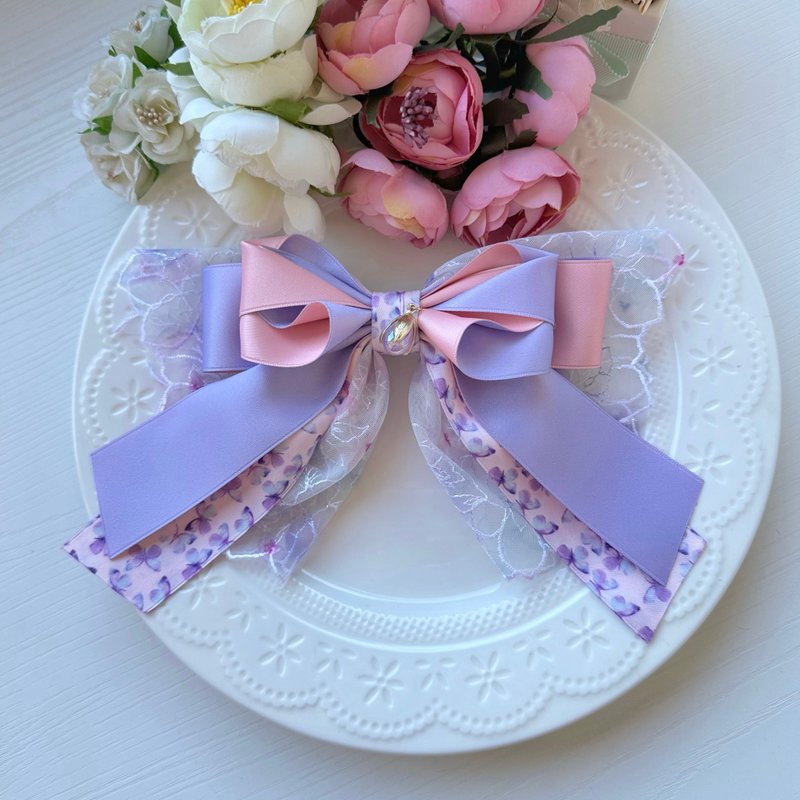 Magazine-exclusive lace bow hairpin-purple pink - Hair Accessories - Other Materials Purple