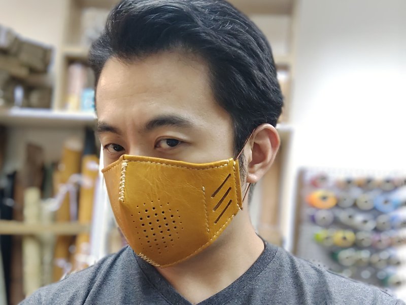MICO Handmade Leather mask with filter slot design, face cover, face shield - หน้ากาก - หนังแท้ สีกากี