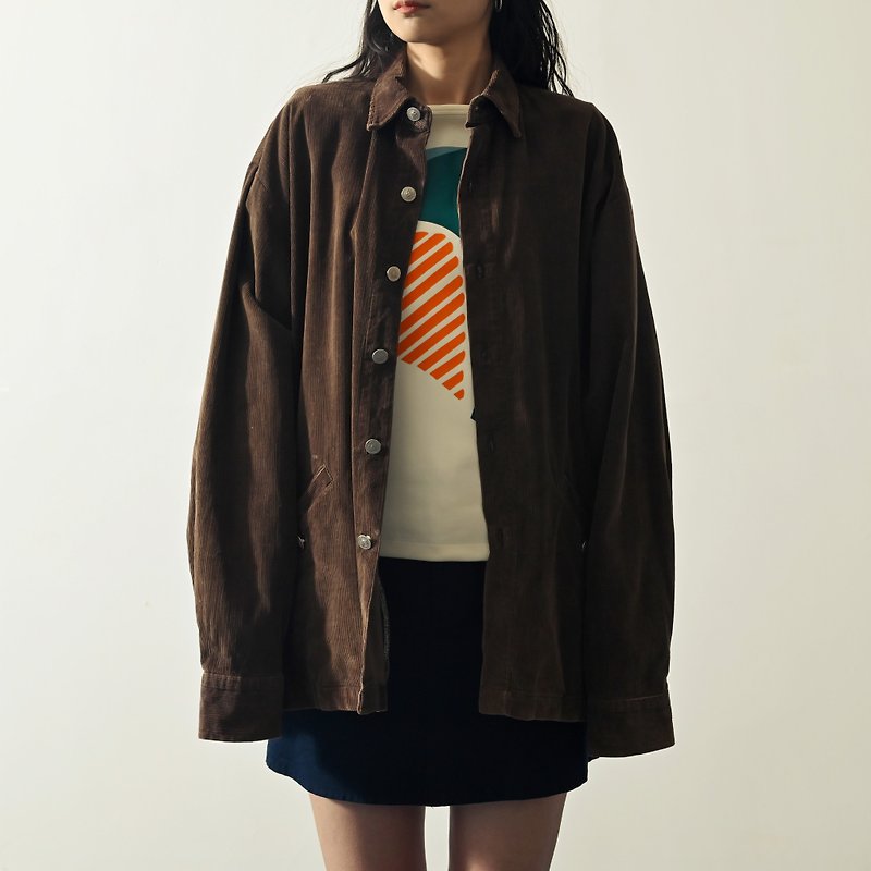 【NaSuBi Vintage】Oversized silhouette loose corduroy solid color vintage jacket - เสื้อแจ็คเก็ต - ไฟเบอร์อื่นๆ 