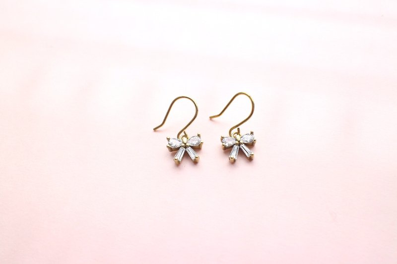 Little ribbons-Brass zircon earrings - Earrings & Clip-ons - Copper & Brass Gold