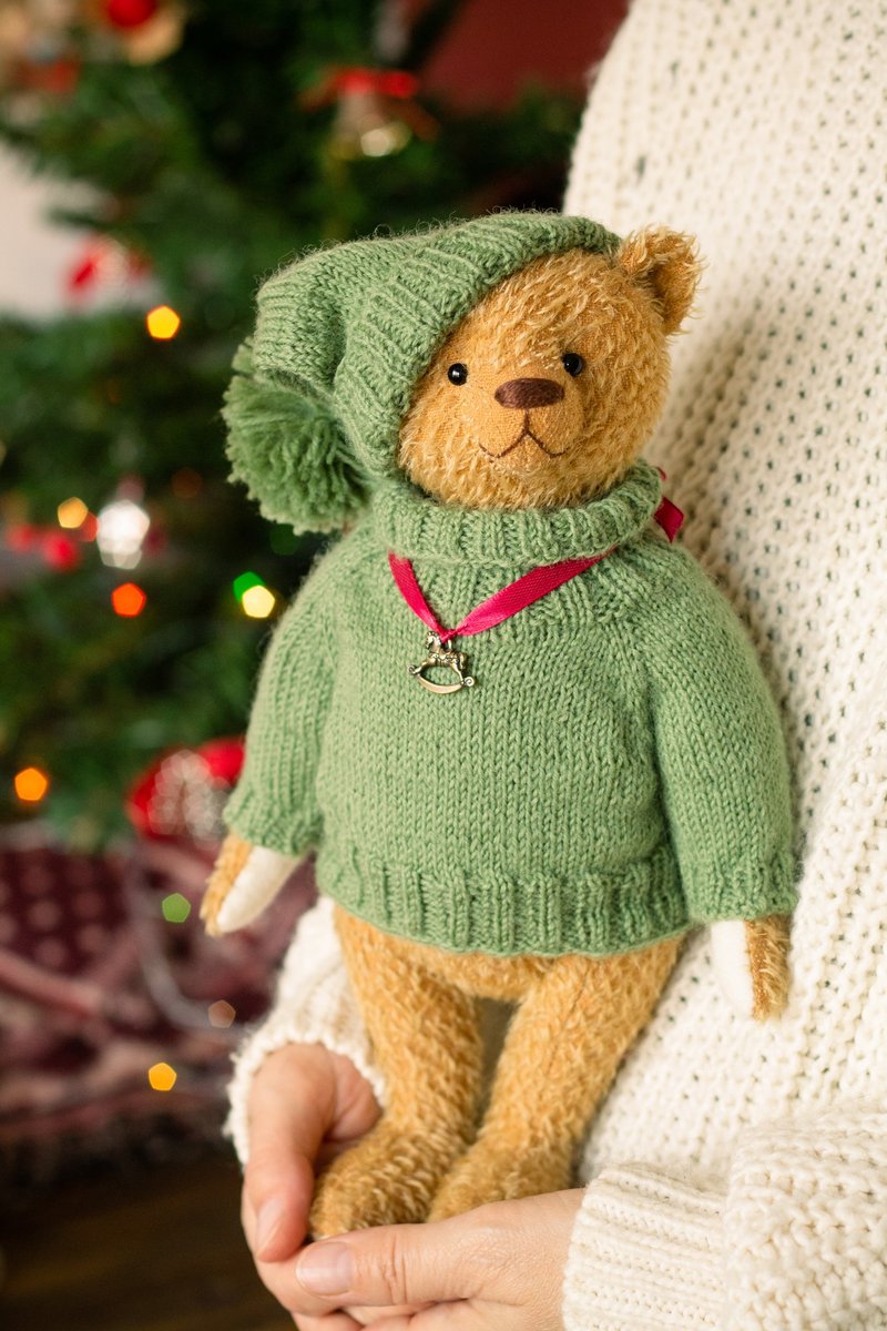 Artist bear, handmade teddy bear, mohair bear, new year jointed plush bear - 公仔/玩偶 - 其他材質 咖啡色