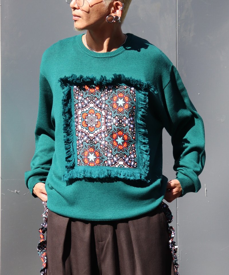 AFRICA FRINGE FRAME KNIT PULLOVER - 女毛衣/針織衫 - 棉．麻 綠色