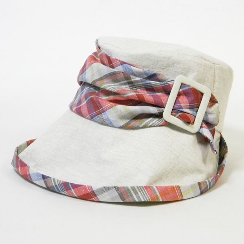 Drape a sense of feminine buckle jockey in check of hemp material (brim wide hat) (PL1657Red) - Hats & Caps - Cotton & Hemp Red