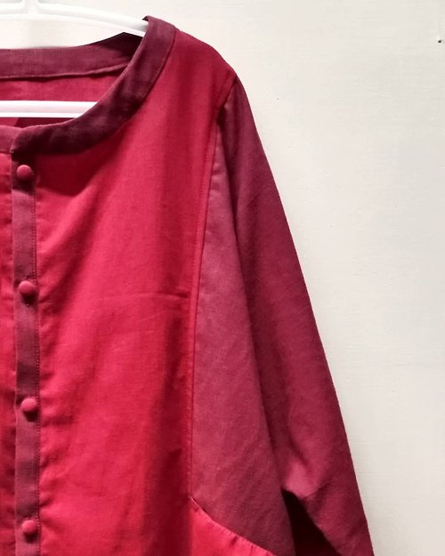 once:nice 雙紅色圓立領脇邊立體口袋棉麻襯衫洋裝