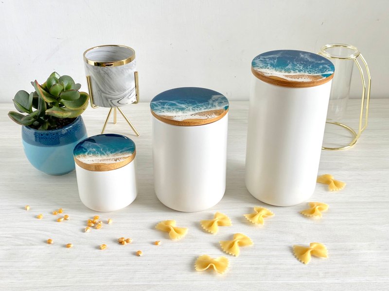 Ceramic Jar, Ceramic Canister, Resin Ocean Painting, Wedding Gift, Home Gift - 調味罐/醬料罐 - 陶 藍色